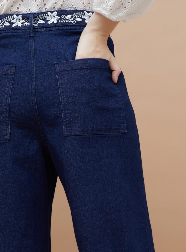 COLOUR ME Embroidered High-Rise Wide-Leg Jeans