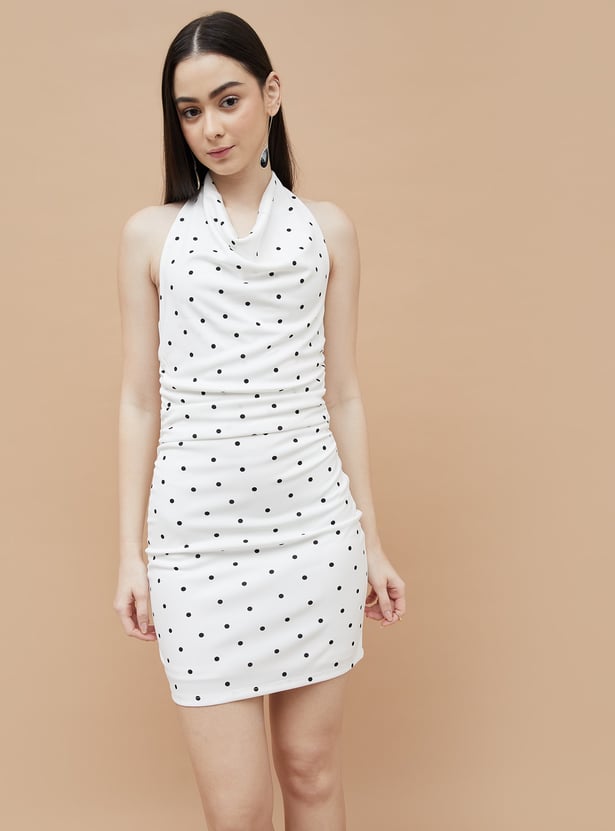 GINGER Polka Dot Print Halter Bodycon Dress