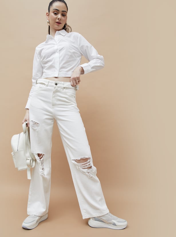 GINGER Solid Cropped Shirt