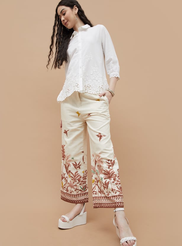 COLOUR ME Palm Print Wide Leg Trousers