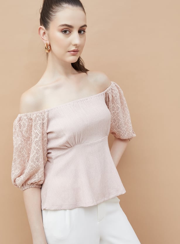 Buy CODE Smocked Off-Shoulder Peplum Top from CODE at just INR 1399.0