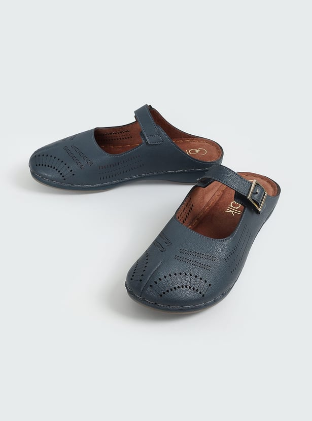CATWALK Laser Cutout Mules with Buckle Strap