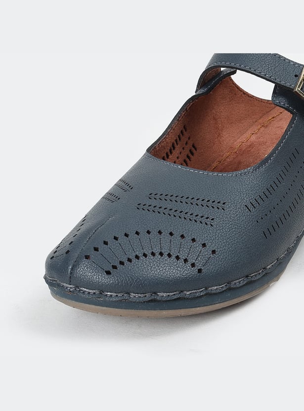CATWALK Laser Cutout Mules with Buckle Strap