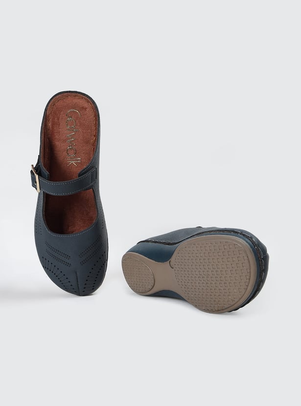 CATWALK Laser Cutout Mules with Buckle Strap