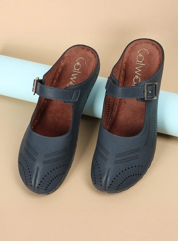 CATWALK Laser Cutout Mules with Buckle Strap