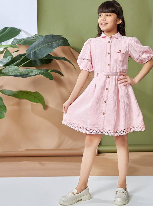 PEPPERMINT Girls Solid Puff Sleeves Shirt Dress