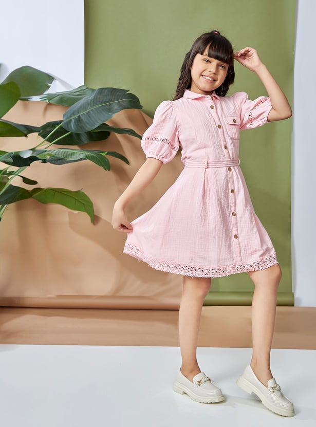 PEPPERMINT Girls Solid Puff Sleeves Shirt Dress