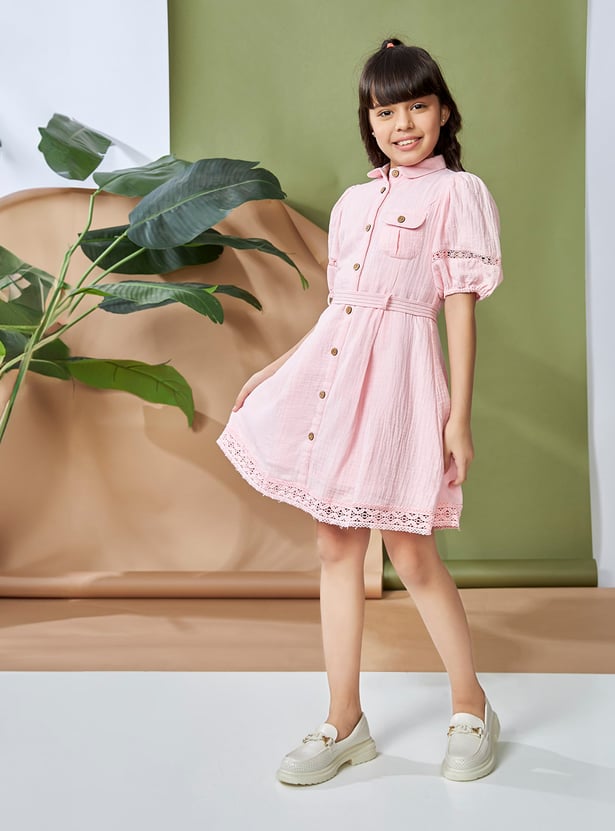 PEPPERMINT Girls Solid Puff Sleeves Shirt Dress