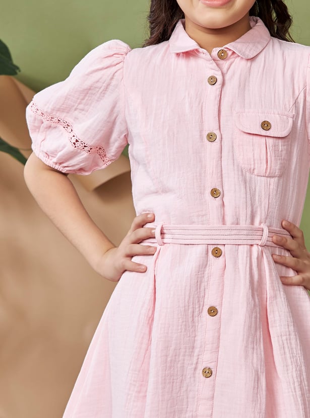 PEPPERMINT Girls Solid Puff Sleeves Shirt Dress