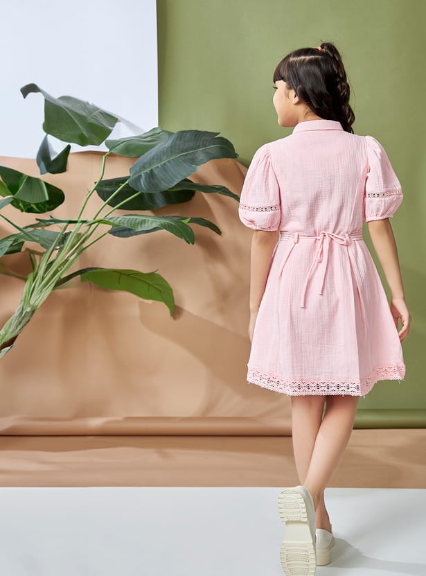PEPPERMINT Girls Solid Puff Sleeves Shirt Dress