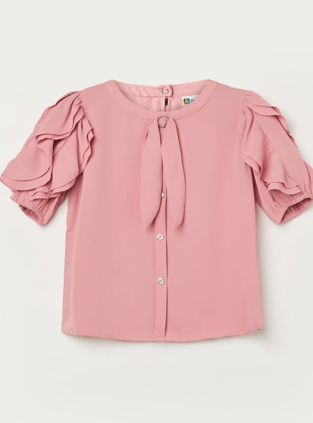 PEPPERMINT Girls Solid Ruffled Sleeves Top