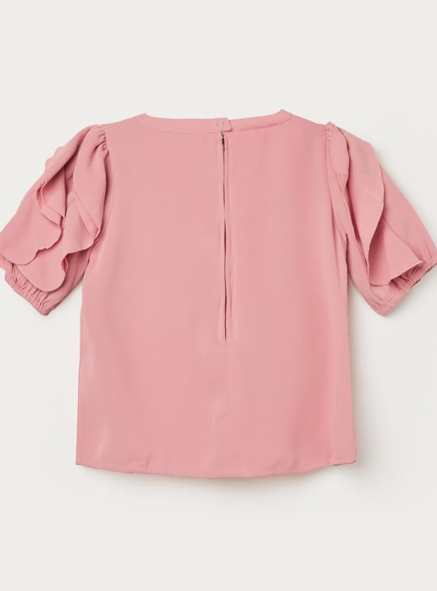 PEPPERMINT Girls Solid Ruffled Sleeves Top