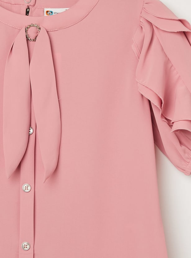 PEPPERMINT Girls Solid Ruffled Sleeves Top