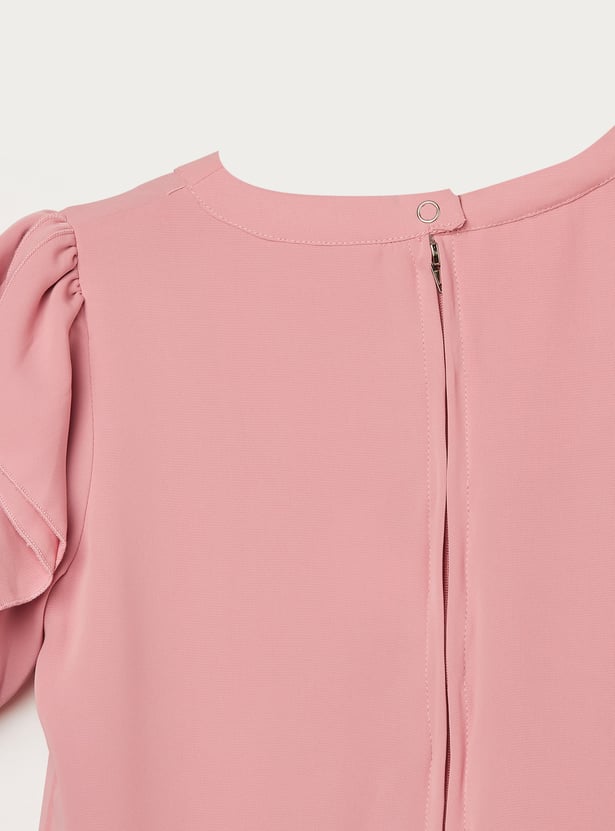 PEPPERMINT Girls Solid Ruffled Sleeves Top