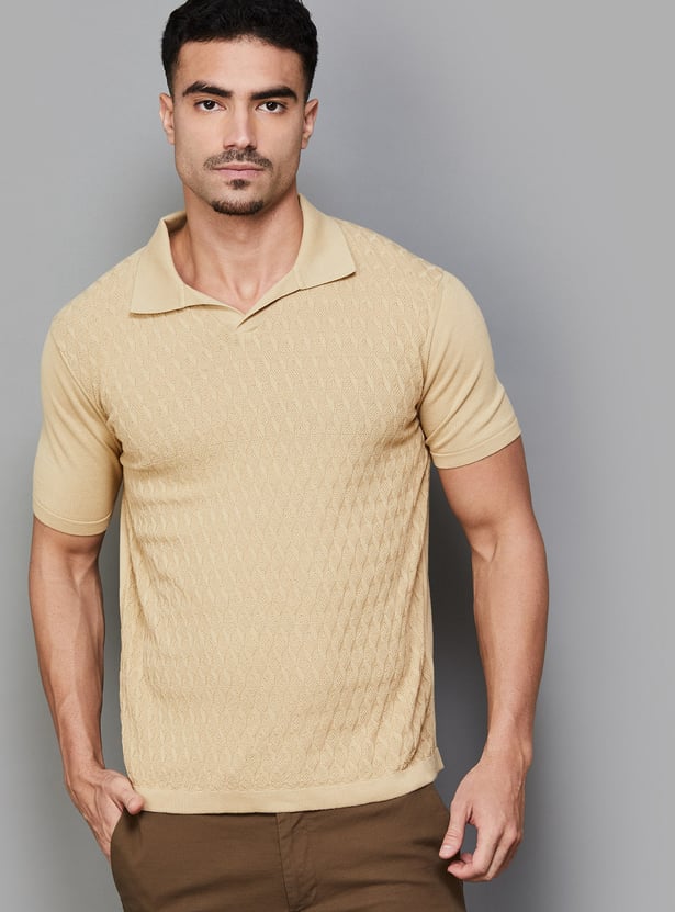 FAHRENHEIT Patterned Knit Johnny Collar T-shirt