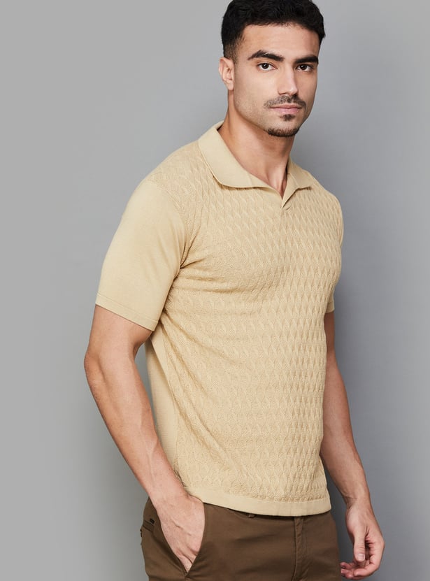 FAHRENHEIT Patterned Knit Johnny Collar T-shirt