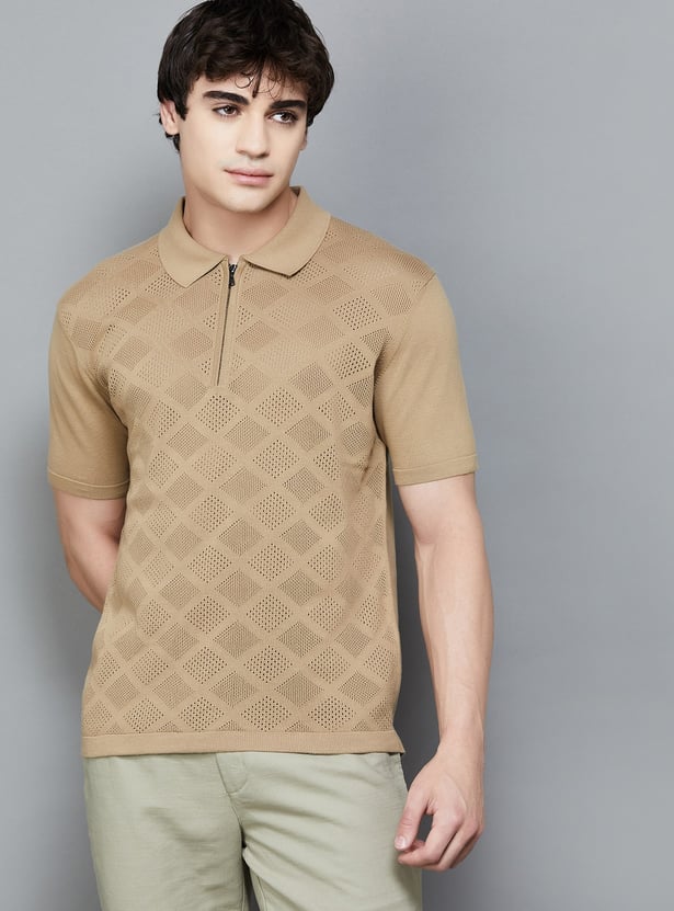FAHRENHEIT Patterned Knit Polo T-shirt