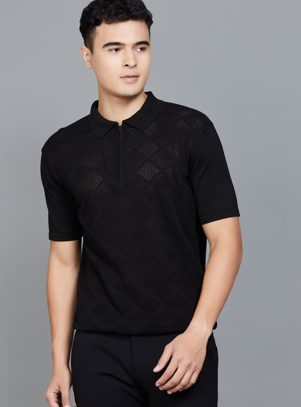 FAHRENHEIT Patterned Knit Polo T-shirt