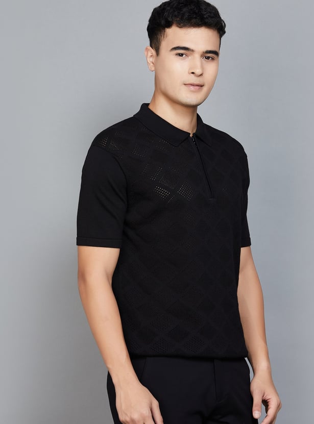 FAHRENHEIT Patterned Knit Polo T-shirt