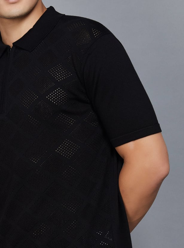 FAHRENHEIT Patterned Knit Polo T-shirt