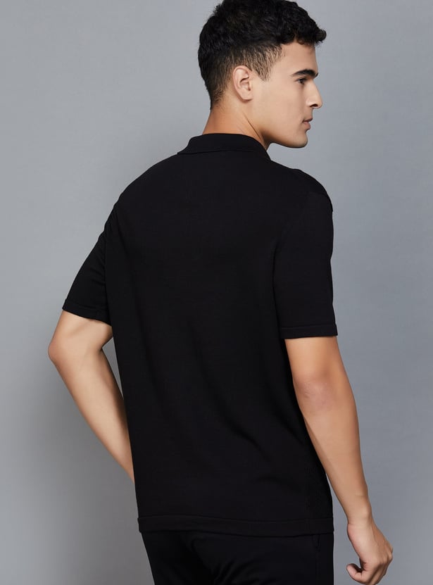 FAHRENHEIT Patterned Knit Polo T-shirt