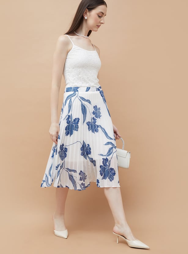 CODE Floral Print Pleated Midi Skirt