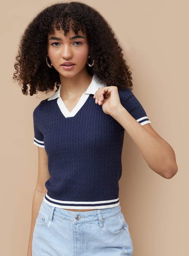 GINGER Knit Johnny Collar T-shirt