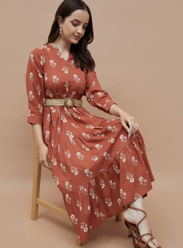 COLOUR ME Floral Print Tiered Dress with Belt