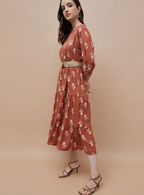 COLOUR ME Floral Print Tiered Dress with Belt