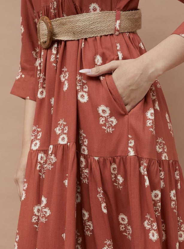 COLOUR ME Floral Print Tiered Dress with Belt