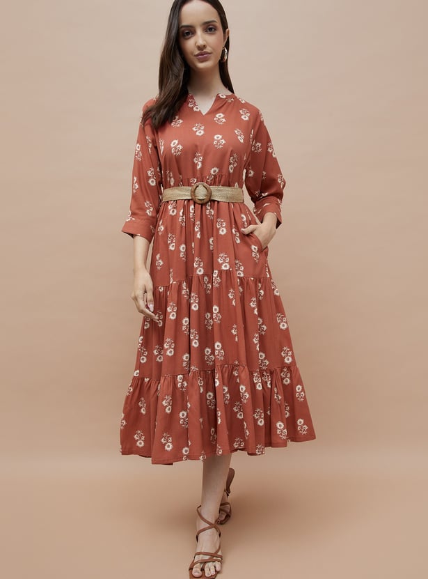 COLOUR ME Floral Print Tiered Dress with Belt