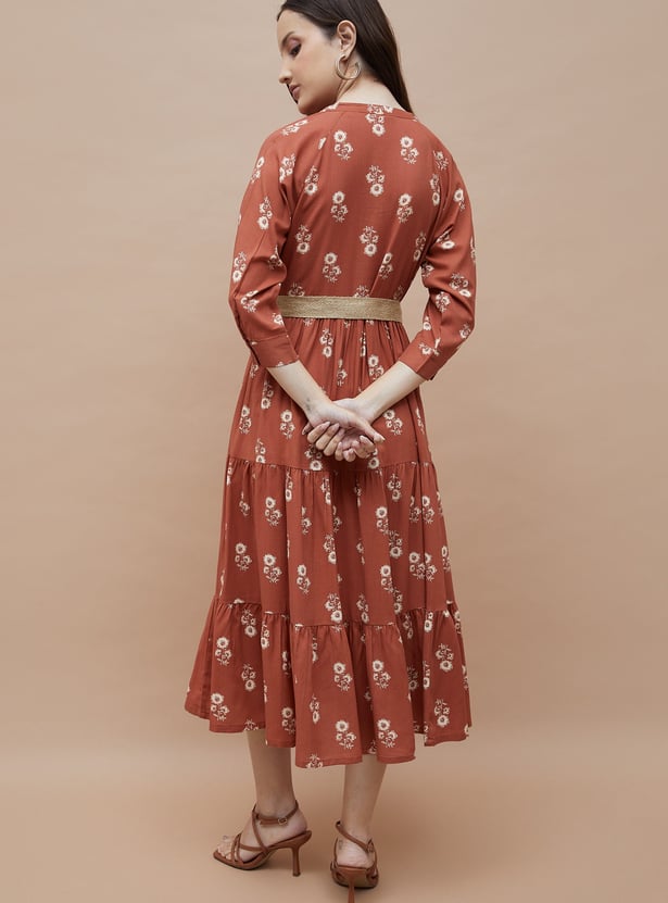 COLOUR ME Floral Print Tiered Dress with Belt
