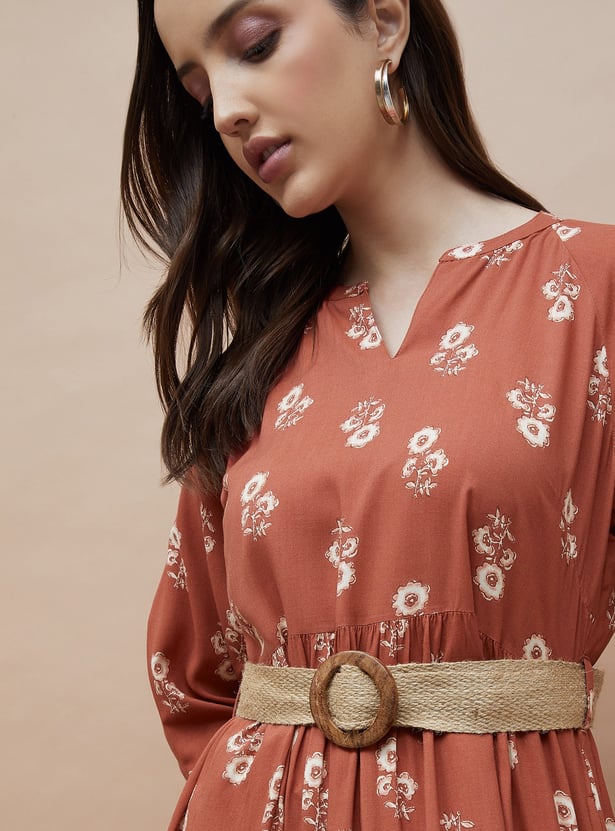 COLOUR ME Floral Print Tiered Dress with Belt