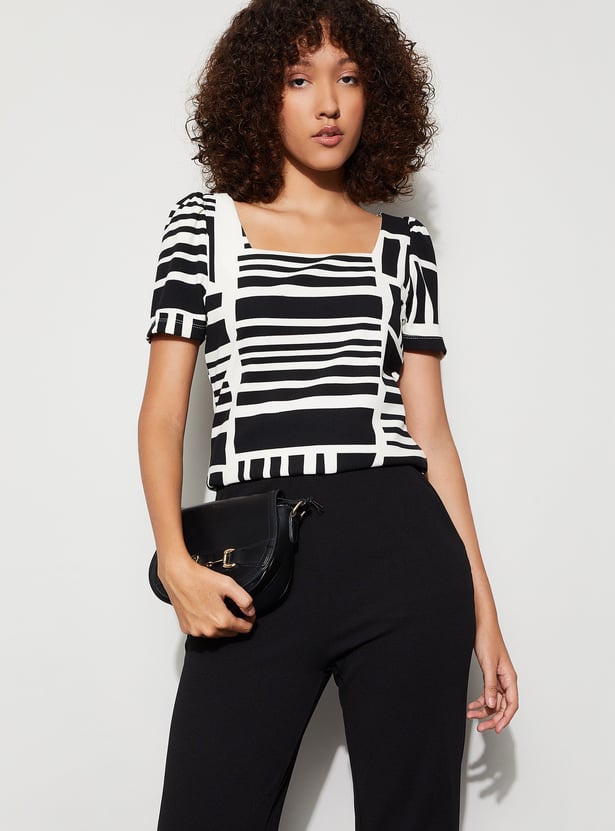 CODE Striped Puffed Sleeve Top
