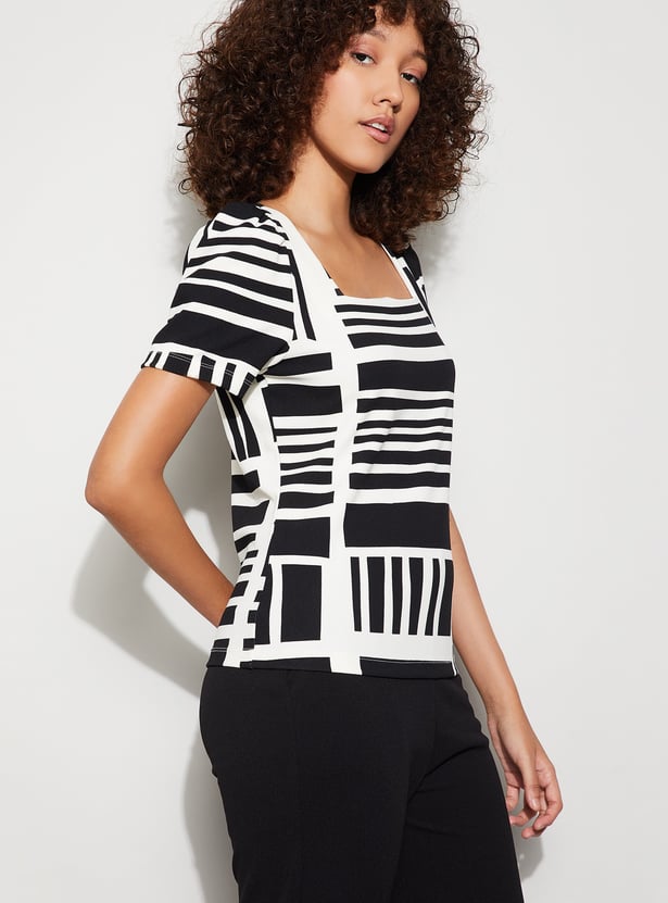 CODE Striped Puffed Sleeve Top