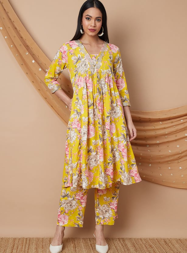 MELANGE Floral Print A-line Kurta Set