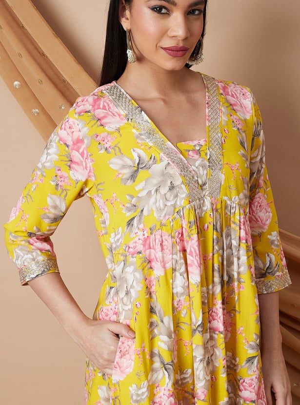 MELANGE Floral Print A-line Kurta Set