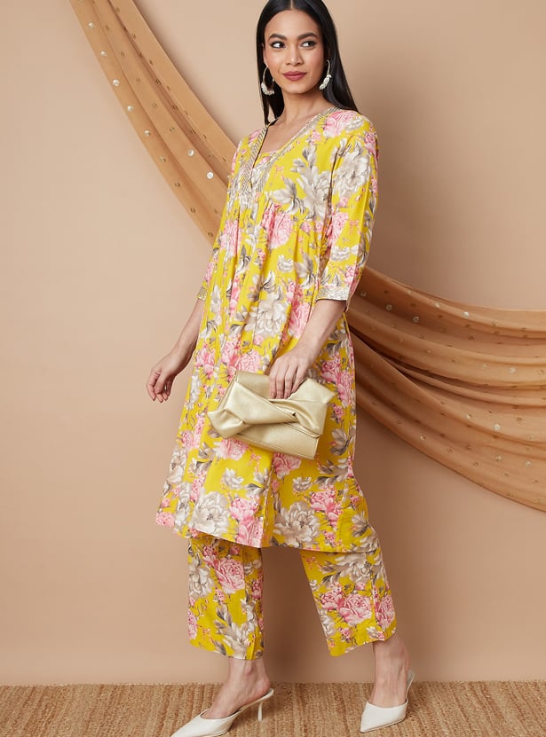 MELANGE Floral Print A-line Kurta Set