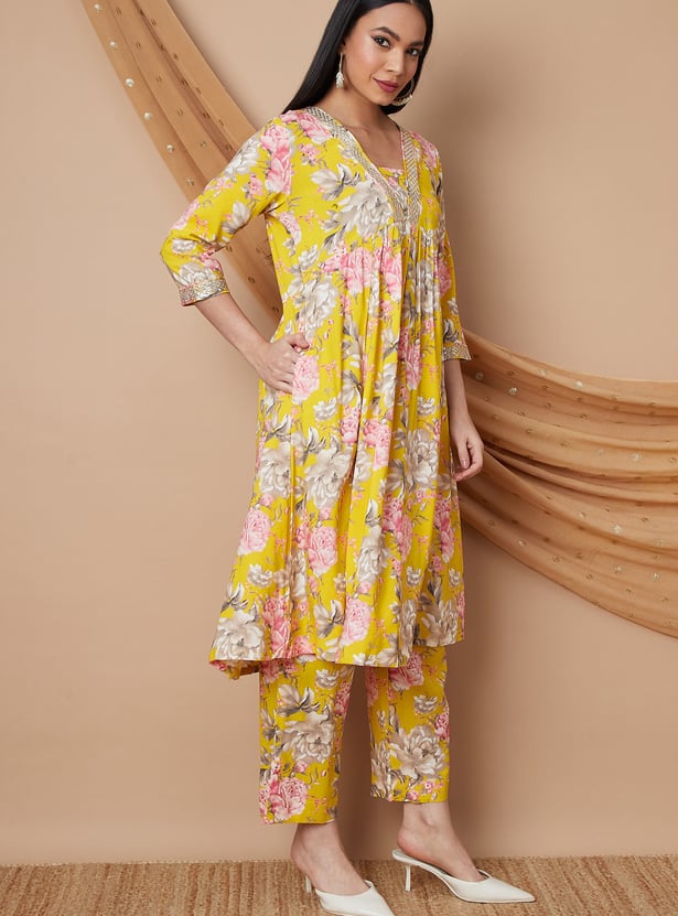 MELANGE Floral Print A-line Kurta Set