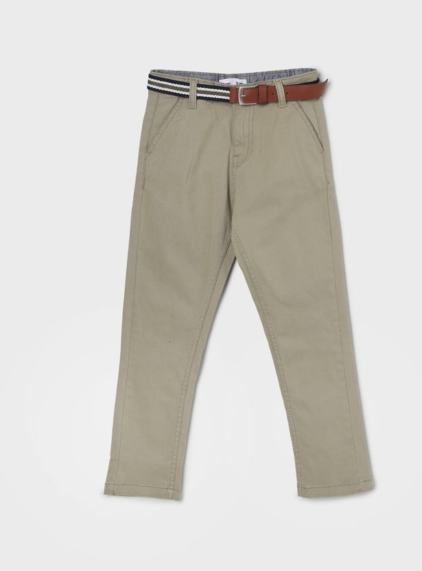 FAME FOREVER Boys Solid Slim Fit Trousers with Belt