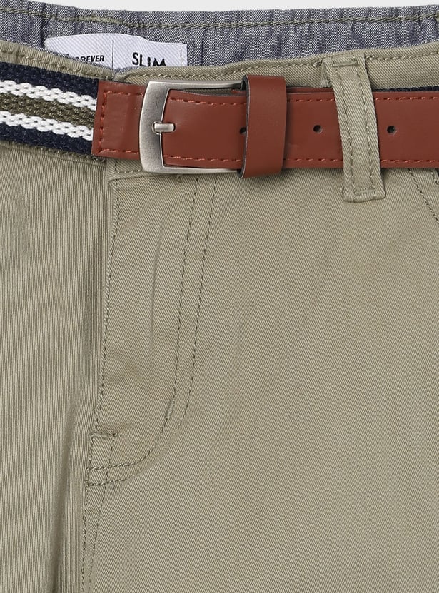 FAME FOREVER Boys Solid Slim Fit Trousers with Belt
