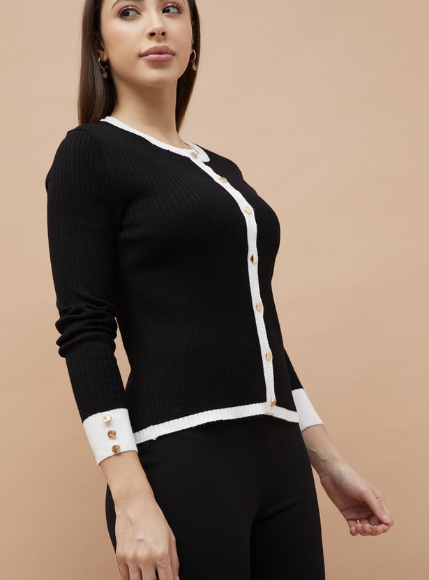 CODE CLASSIC Ribbed Cardigan with Contrast Detail
