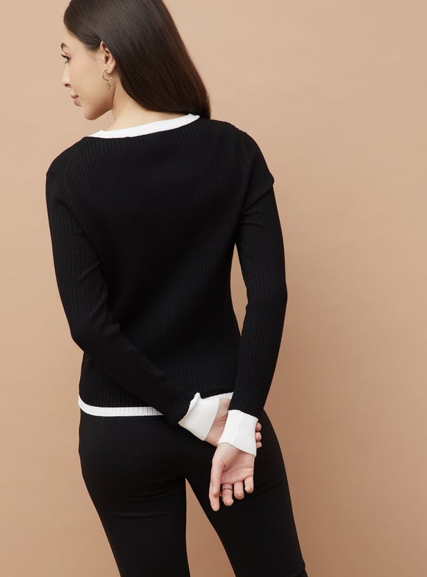 CODE CLASSIC Ribbed Cardigan with Contrast Detail