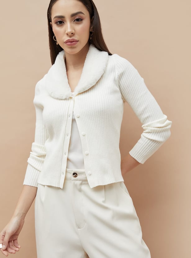 CODE Knit Cardigan with Faux Fur Collar