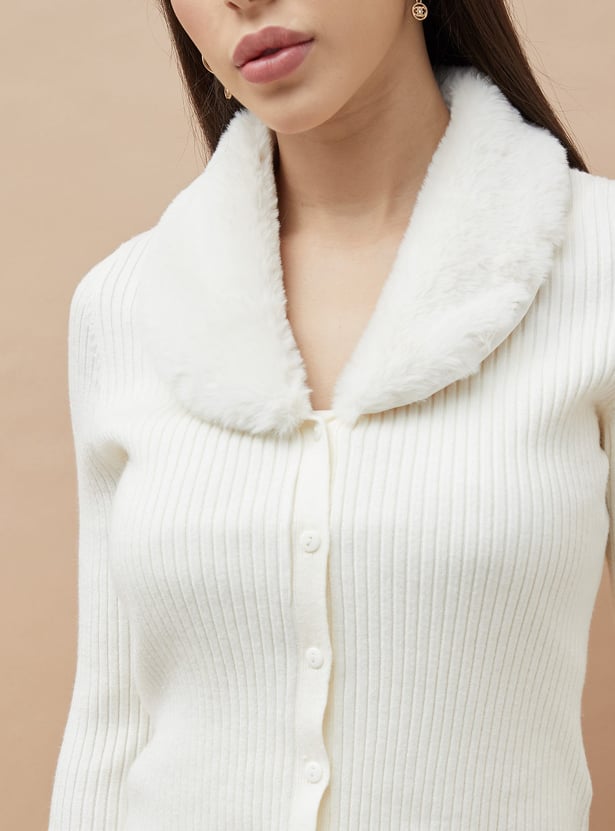 CODE Knit Cardigan with Faux Fur Collar