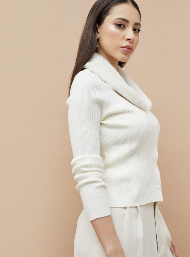 CODE Knit Cardigan with Faux Fur Collar