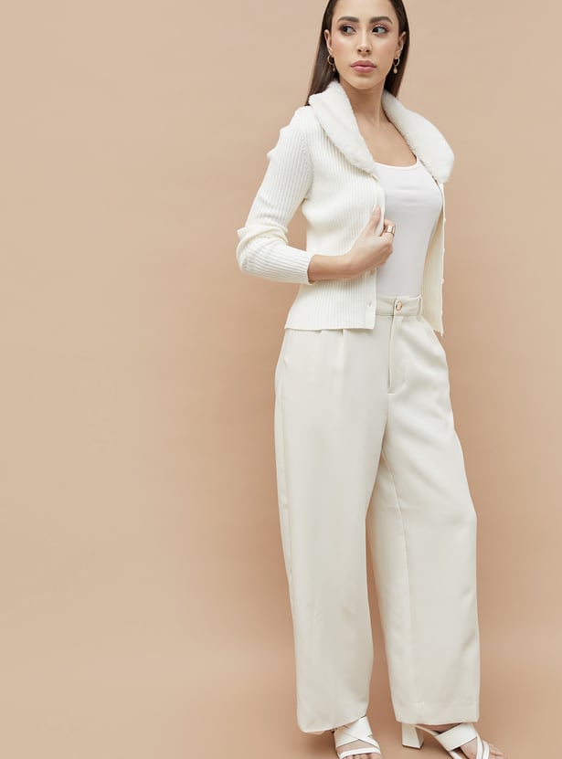 CODE Knit Cardigan with Faux Fur Collar