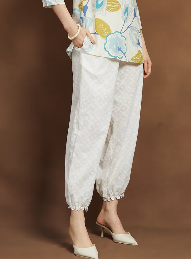 MELANGE Ethnic Motif Straight Pants with Lace Hem