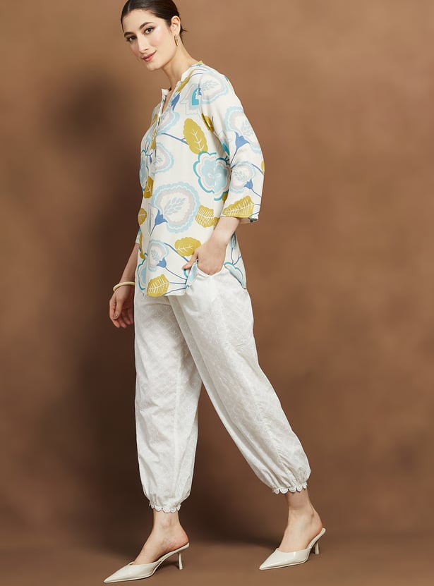 MELANGE Ethnic Motif Straight Pants with Lace Hem