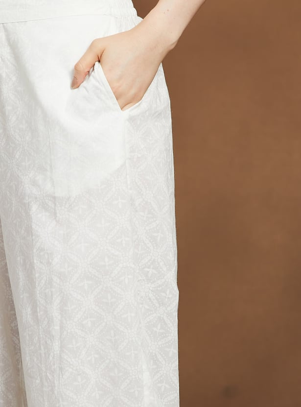 MELANGE Ethnic Motif Straight Pants with Lace Hem